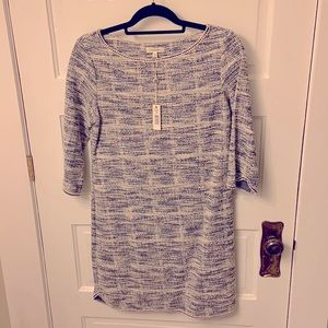 Max studio boucle type sweater dress, cream, blue and black pattern size small